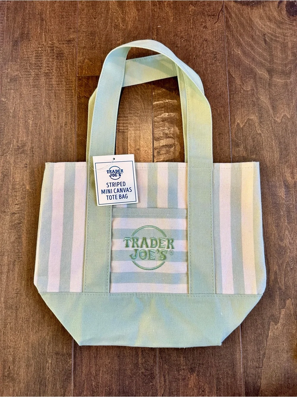 NWT Trader Joe’s Mint green mini Striped Canvas Tote Bag